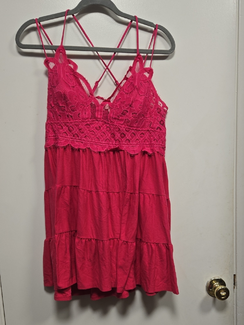 Lace-Trim Strappy Mini Dress in Fuchsia
